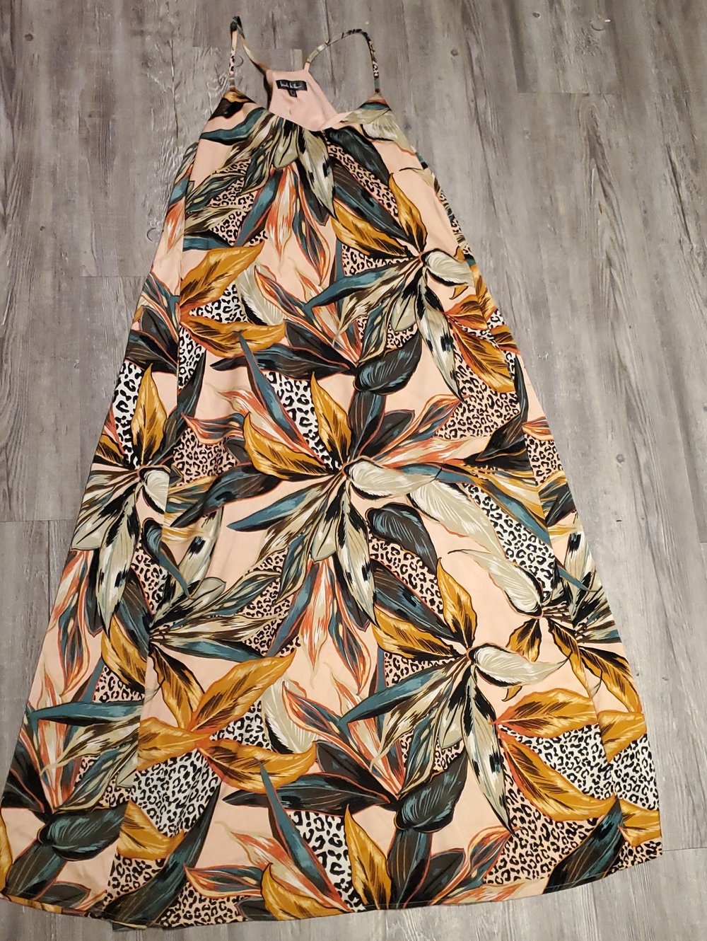 Nicole Miller Peach Tropical Leaf Maxi Dress Size Large